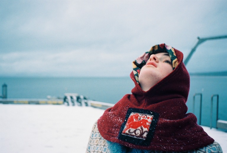 Camilla on the dock in the snow